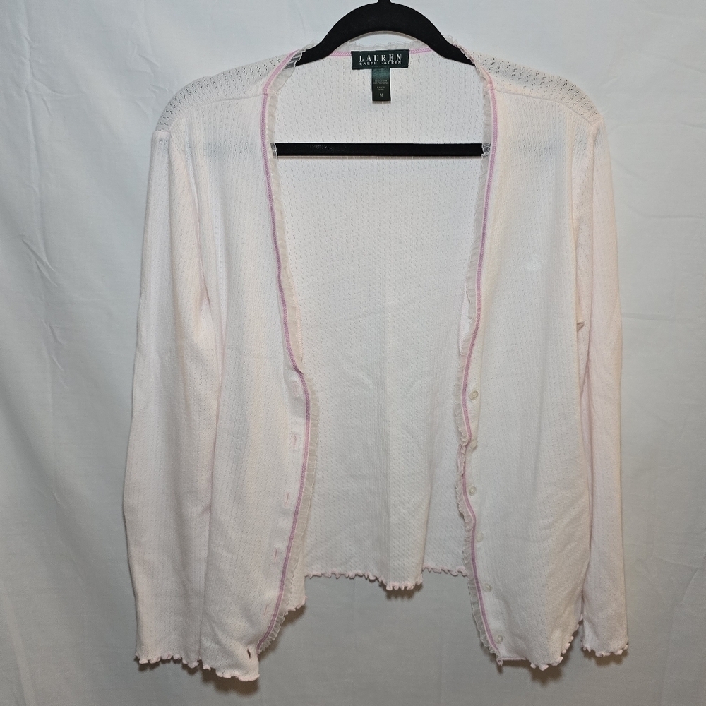 LAUREN Ralph Lauren Girly Pink Ruffle Lightweight Lettuce Hem Cardigan, sz M